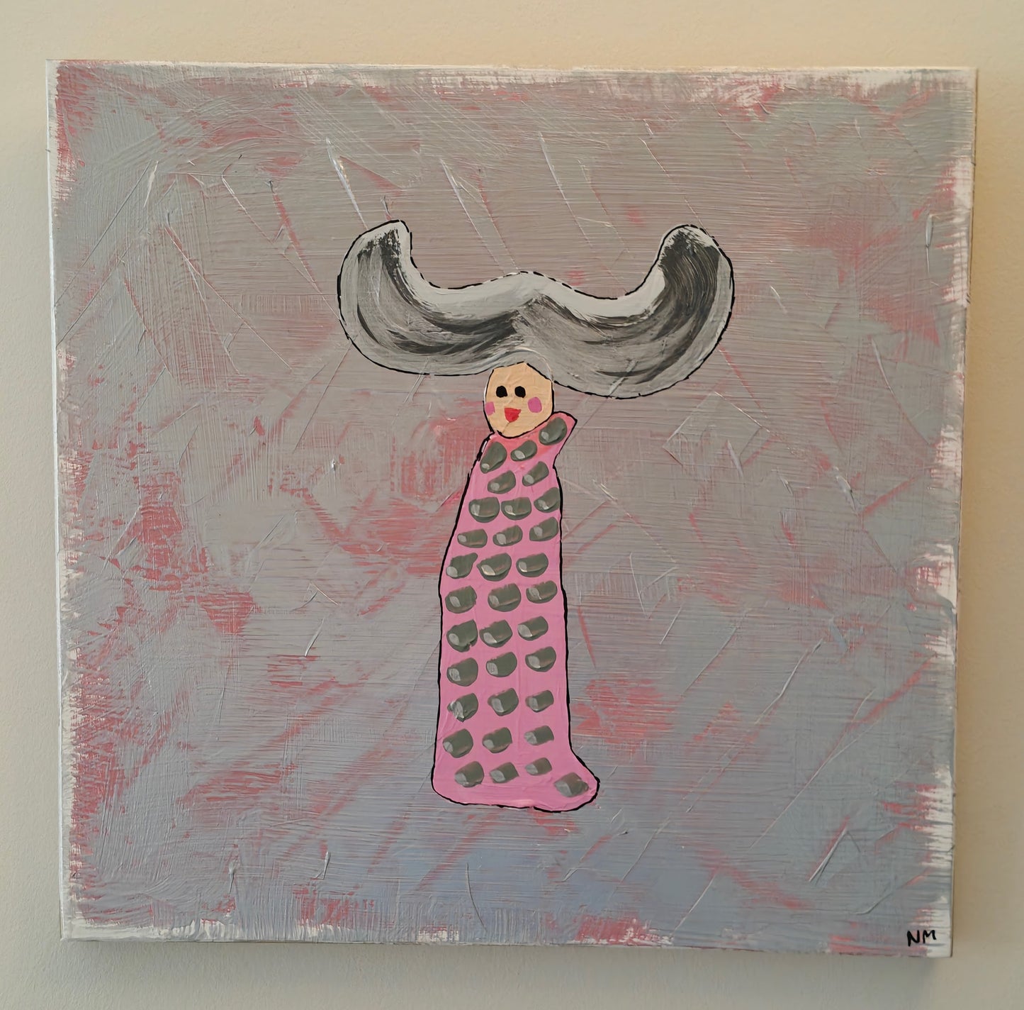 Pop art painting of a woman with large flyaway hair and a pink dress with silver spots on. The background of the painting is silver and pink. The artwork has been painted on birch plywood and it's hung on a white wall.