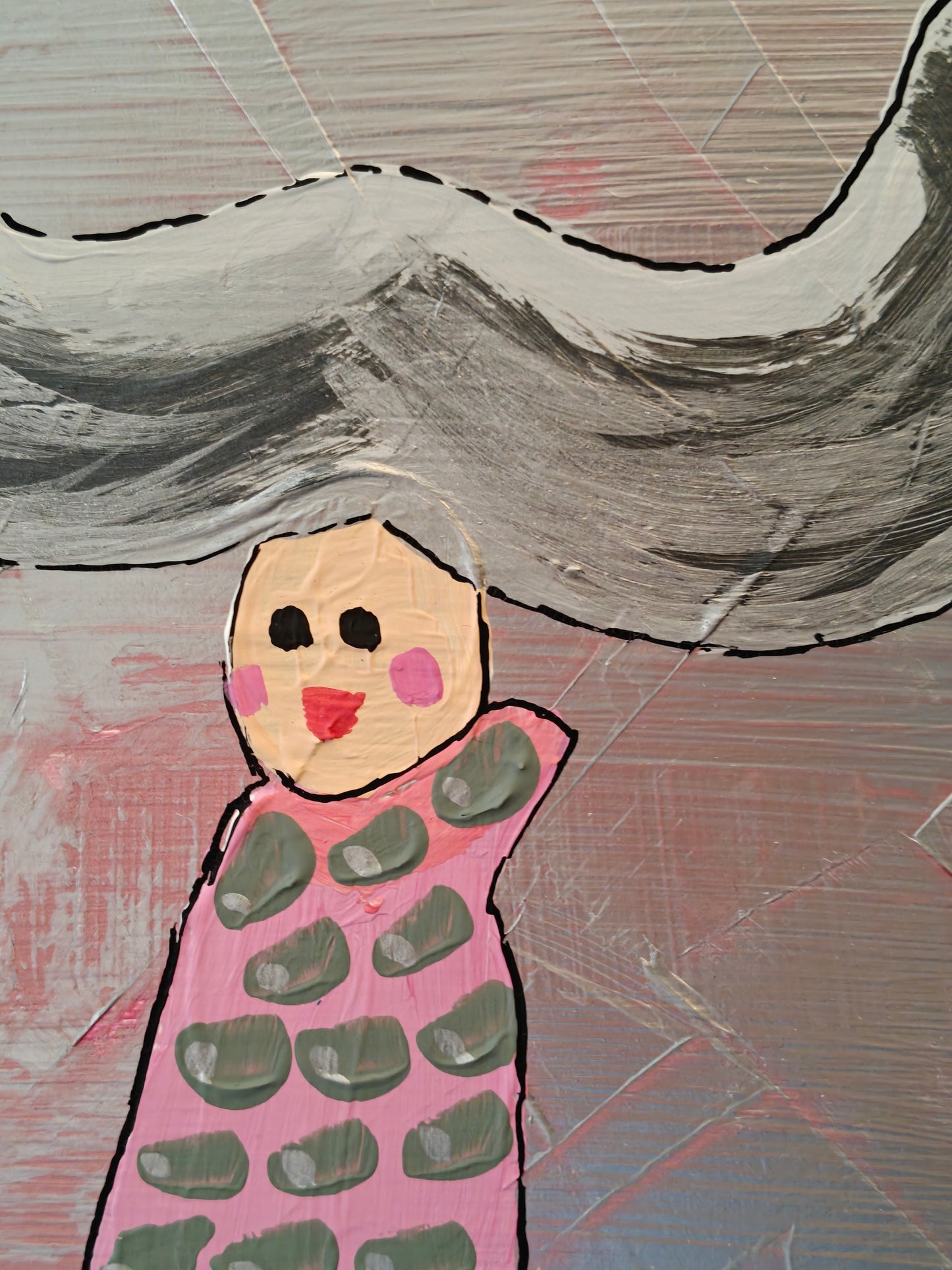 Close up of Pop art painting of a woman with large flyaway hair and a pink dress with silver spots on. The background of the painting is silver and pink.