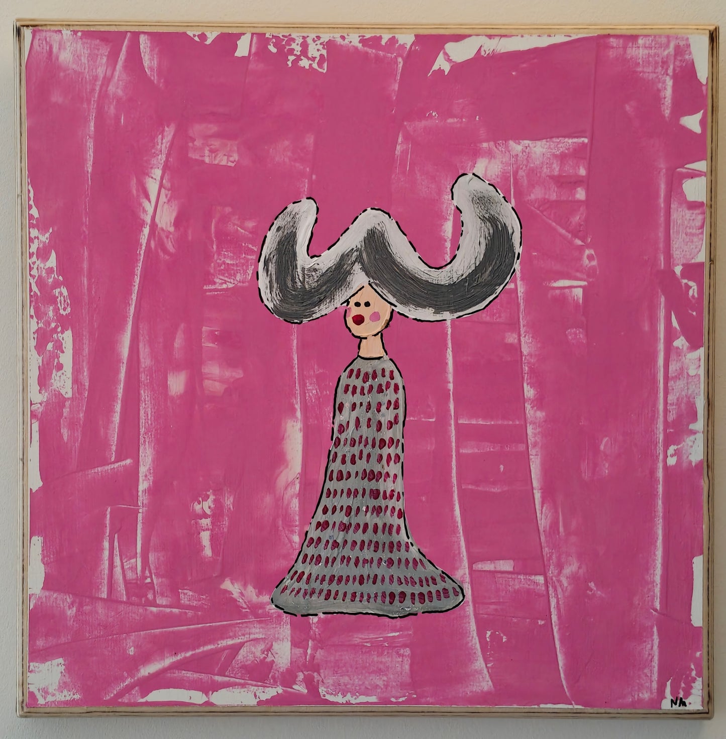 Pop art painting of a woman with large flyaway hair and a silvery dress with red spots on. The background of the painting is bright pink. The artwork has been painted on birch plywood and is hung on a white wall.