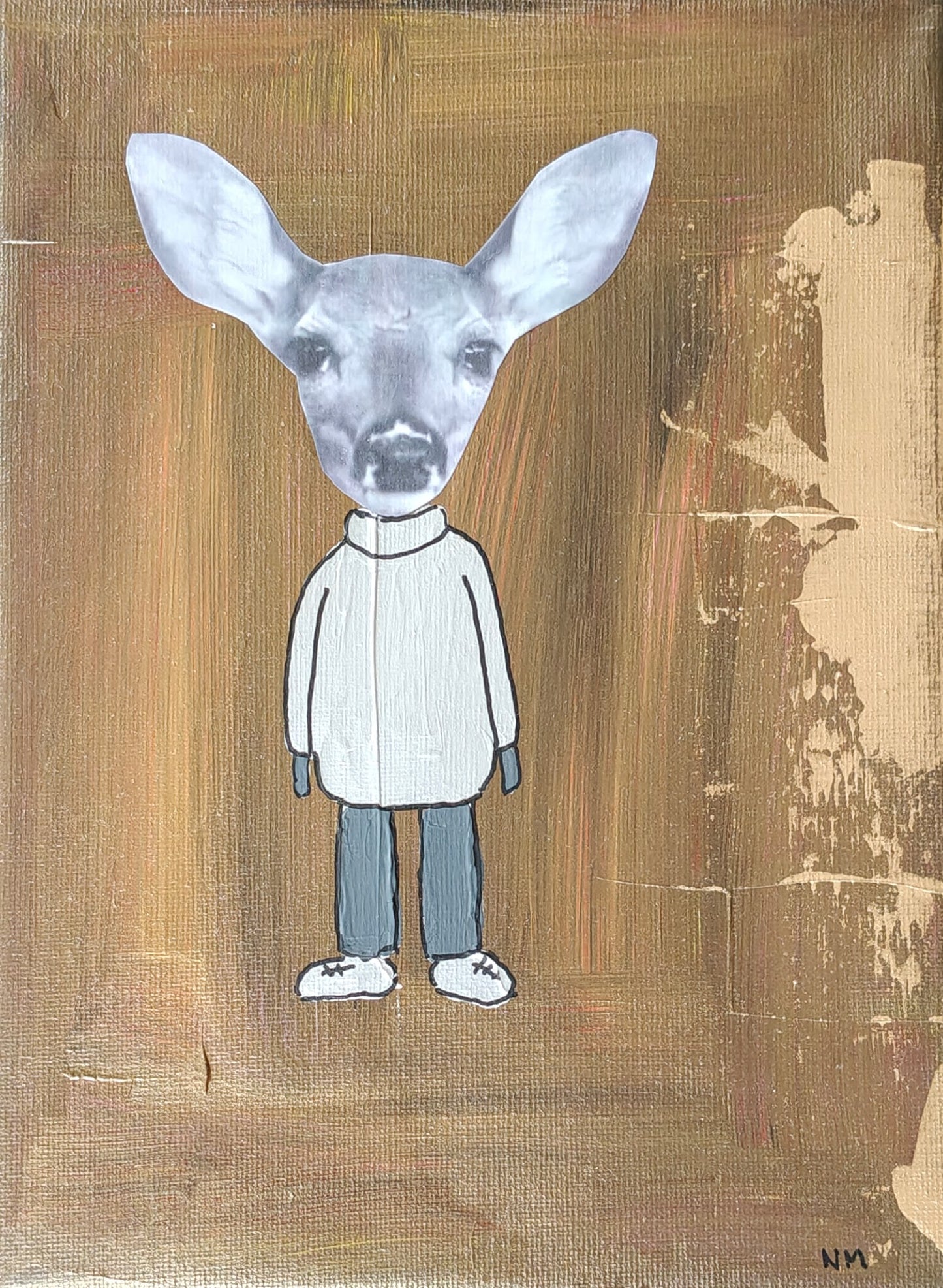 Playful mixed media painting of a deer dressed in a sweater, trousers and trainers, set against a background of gold.