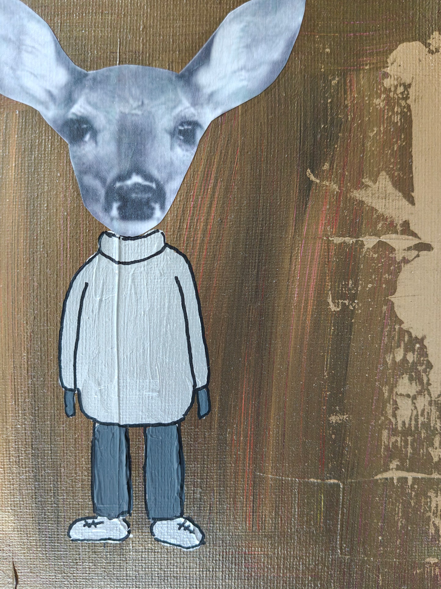 Close up of Playful mixed media painting of a deer dressed in a sweater, trousers and trainers, set against a background of gold.