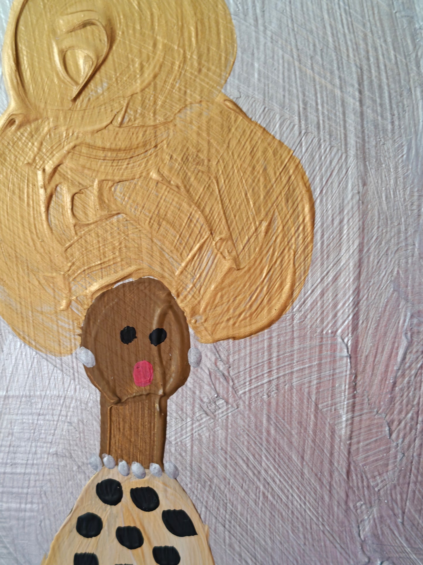 Close up of Abstract painting of a stylized woman with golden hair, a spotted dress, and a textured silver background, titled Goldilocks 2.0.