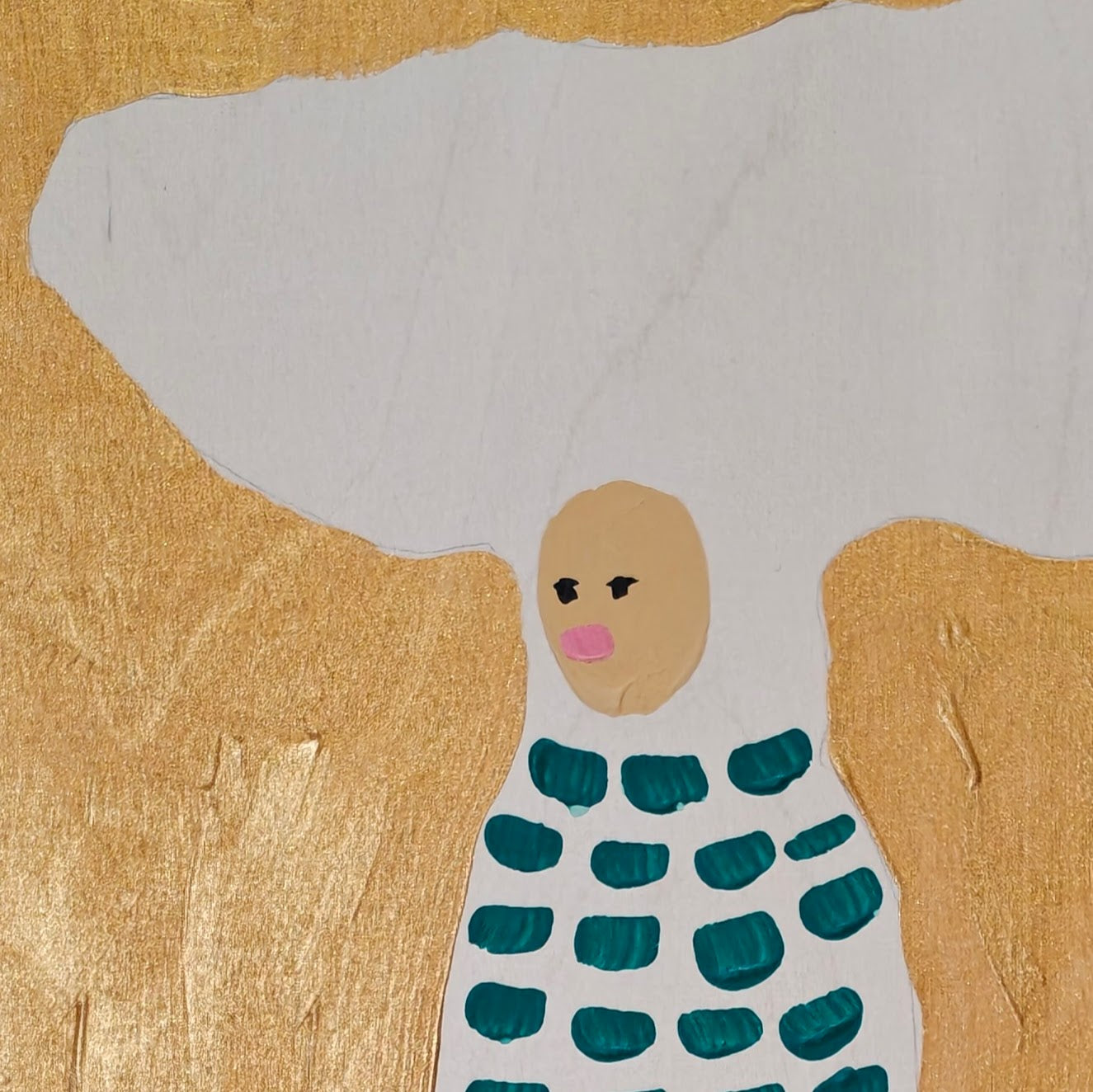 Close up of acrylic painting on birch plywood. Woman in white dress with green dots and large white flowing hair. Backdrop is gold.