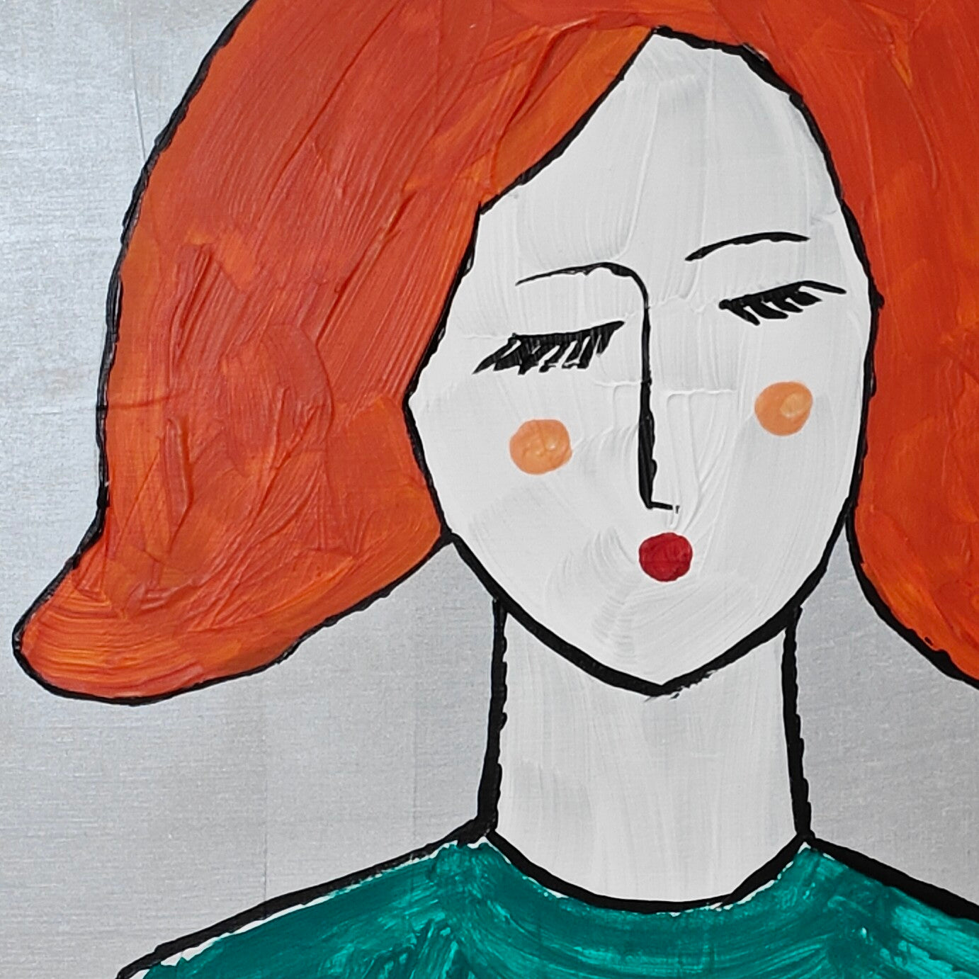 Close up of acrylic painting on birch plywood. Woman in green top and bright orange hair. Backdrop is silver.