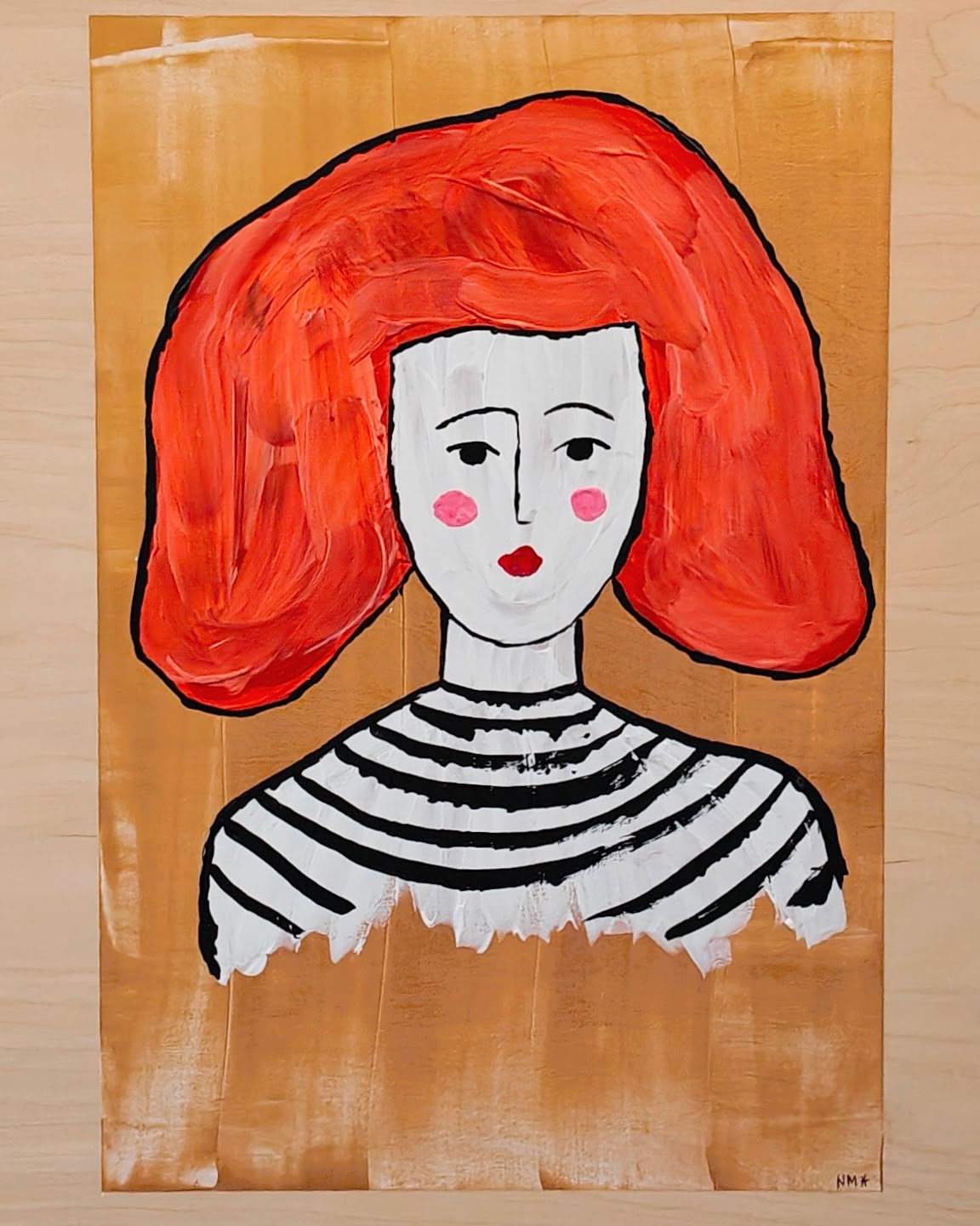 Acrylic paint on birch plywood depicting a woman with bright orange hair, against a gold backdrop. She's wearing a black and white striped top.