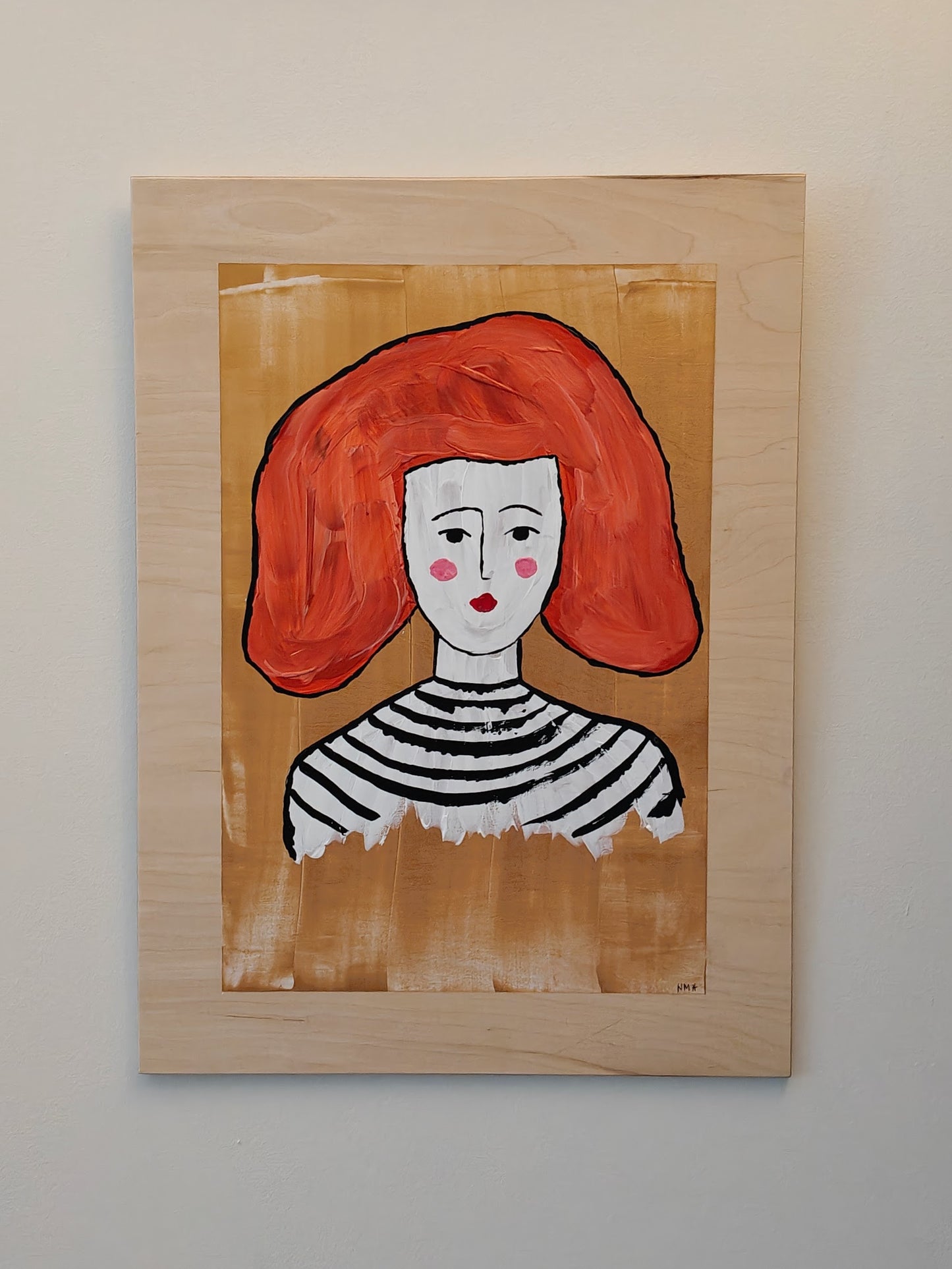 Acrylic paint on birch plywood depicting a woman with bright orange hair, against a gold backdrop. She's wearing a black and white striped top.