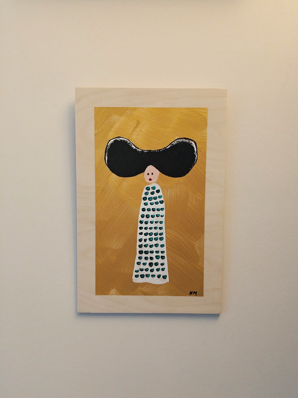 Acrylic painting on birch plywood depicting a woman with large black hair against a gold backdrop. She's wearing a white dress with green dots.
