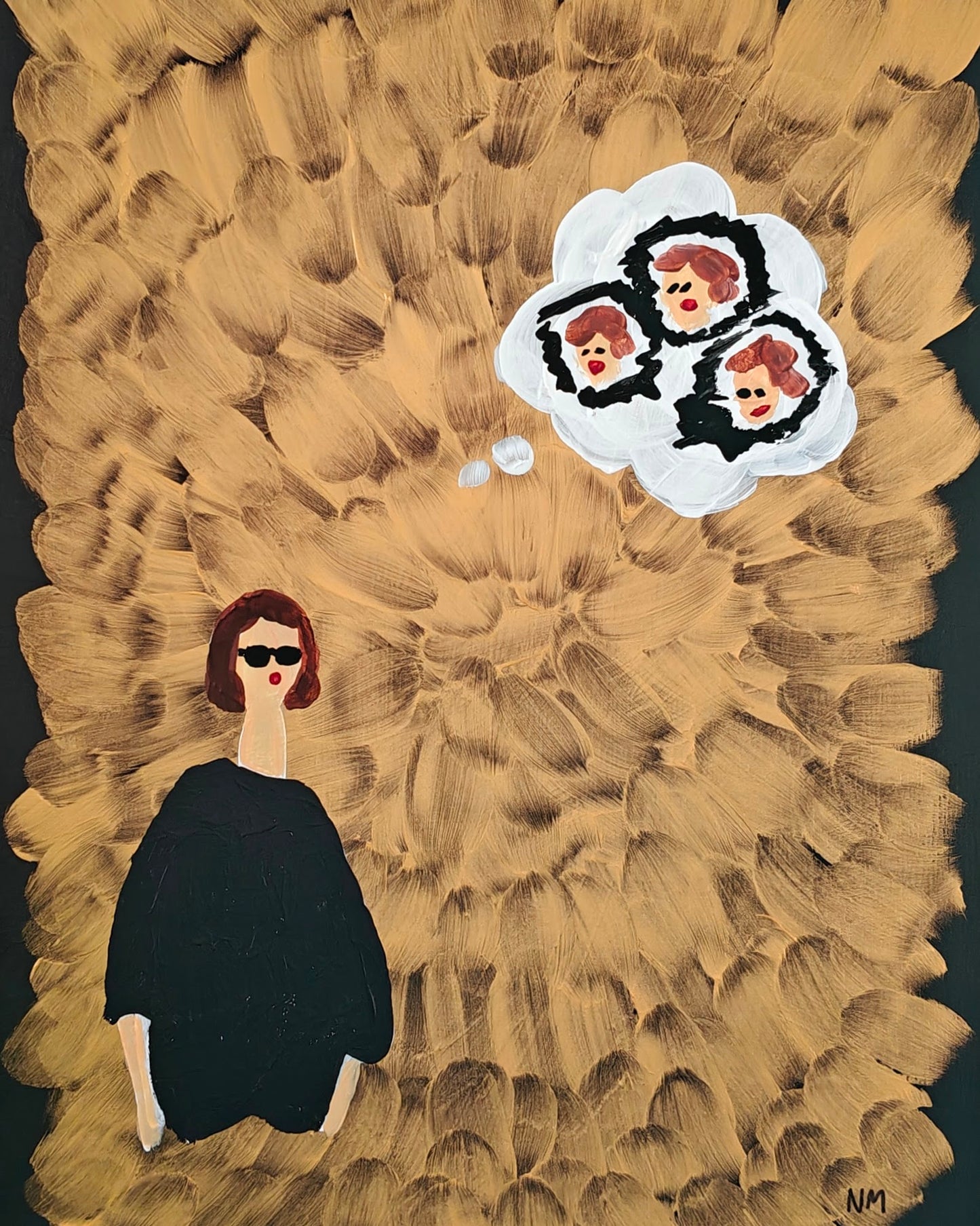 Acrylic painting of a woman dressed in black and wearing sunglasses, pictured against a background of gold and black. In the upper corner is a thought bubble with three talking heads.