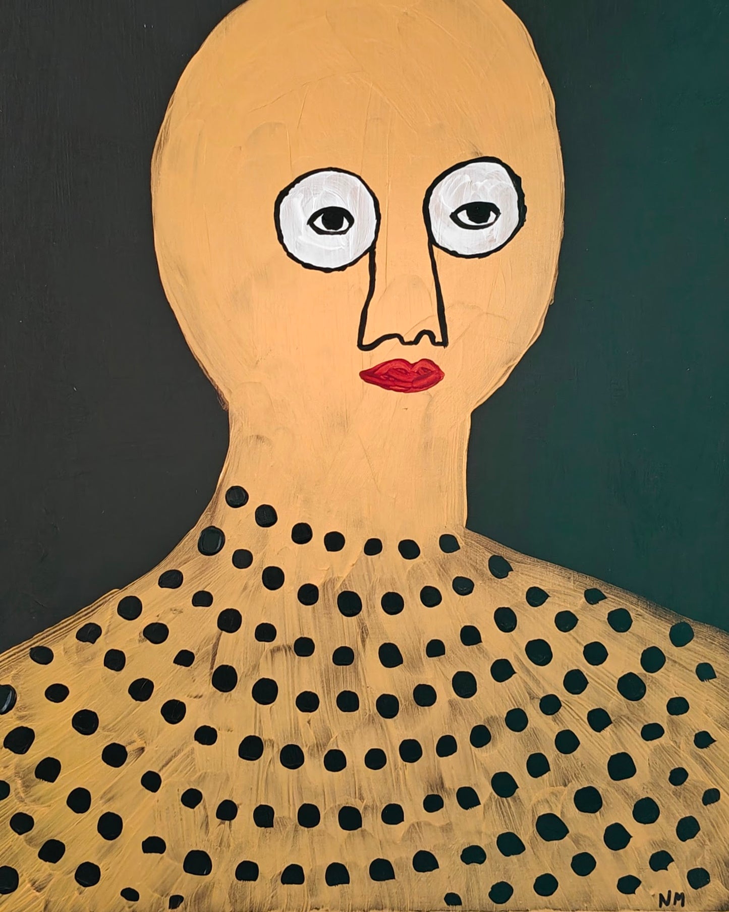 Pop art portrait of a character in gold, with black spots on their top. The character has red lips and large white eyes. The background of the painting is black.