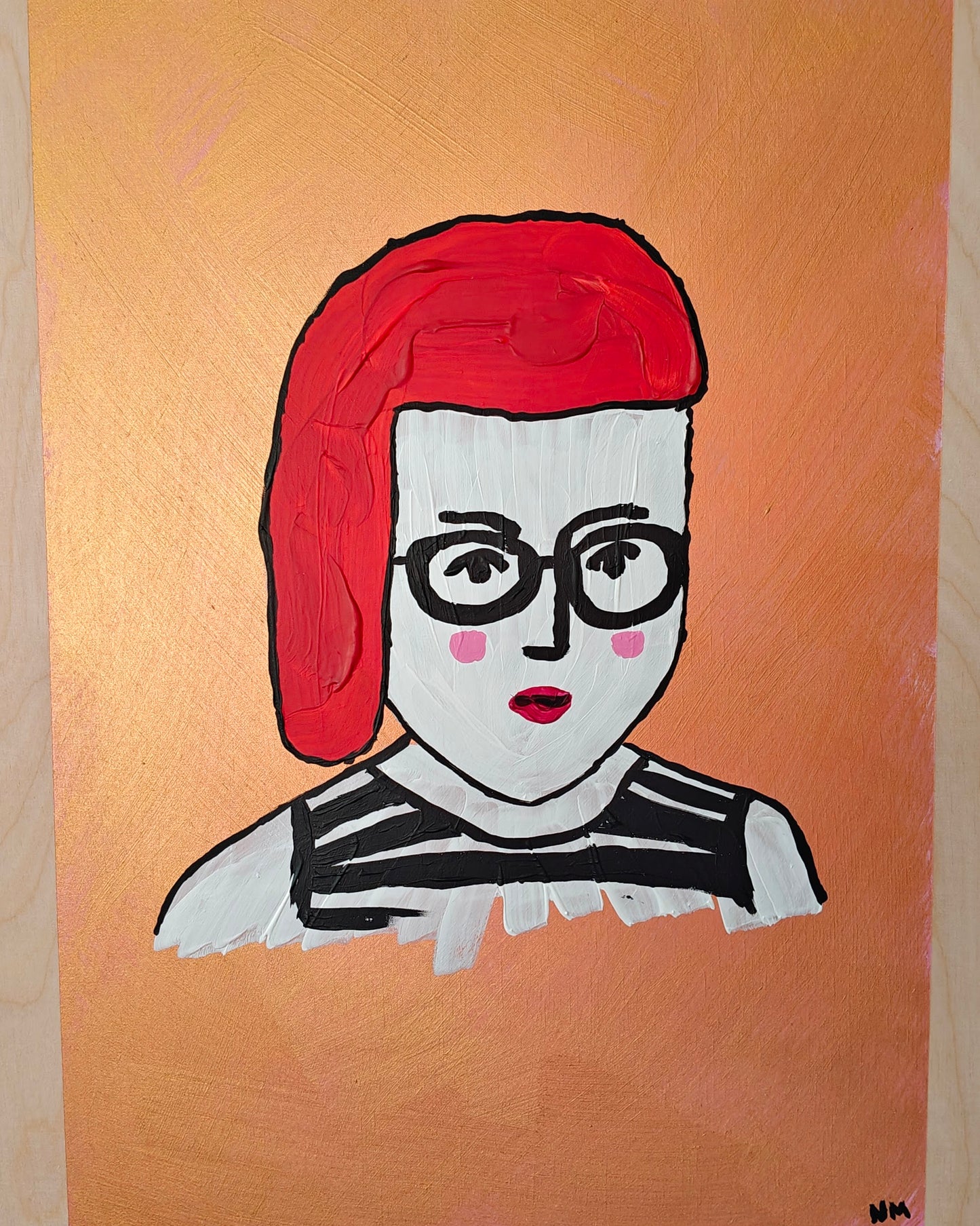 A colorful painting of a woman with red hair, black glasses, and a striped top, set against a gold metallic background, painted on light coloured natural plywood.