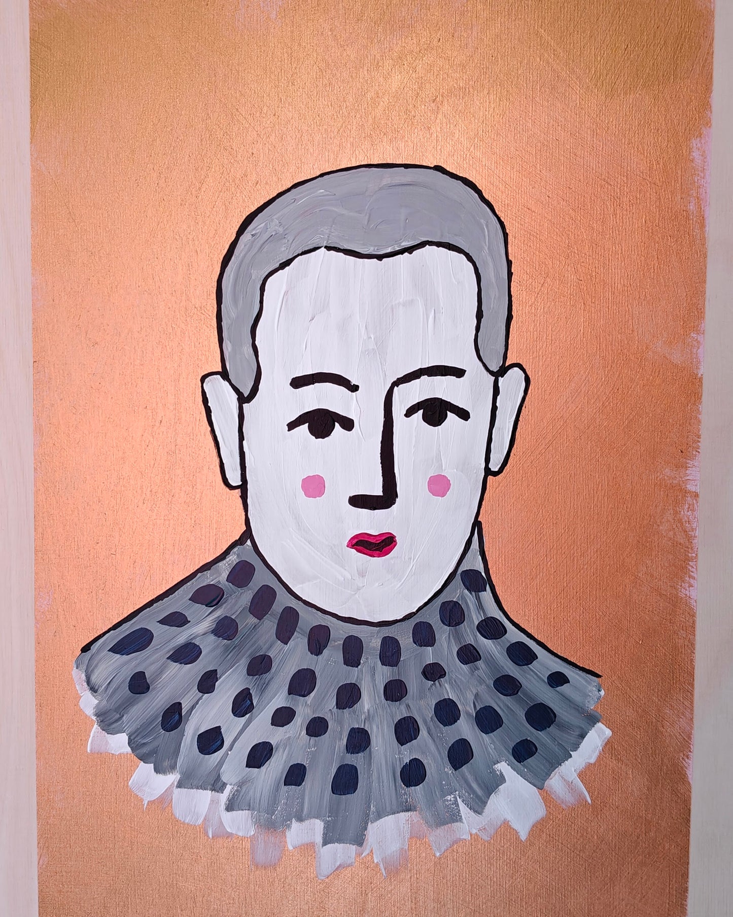 A whimsical plywood painting featuring a stylised portrait of a figure with short grey hair, a soft expression, and rosy cheeks. The figure wears a cosy turtleneck sweater with dark polka dots. The metallic copper background contrasts beautifully with the natural wood of the plywood base. Part of the Life in Colour collection.