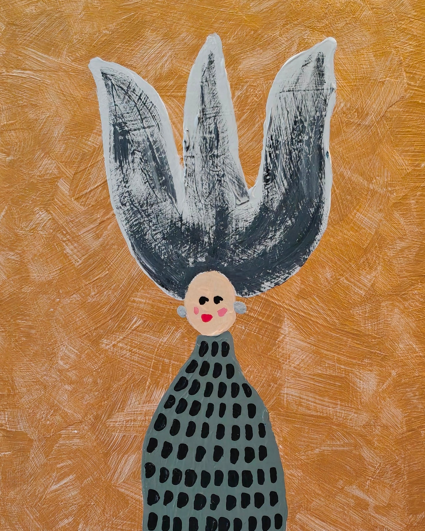Whimsical acrylic painting of a woman with large grey and white hair that stands up. She is wearing a khaki green dress with black spots, and silver earrings. Gold background.