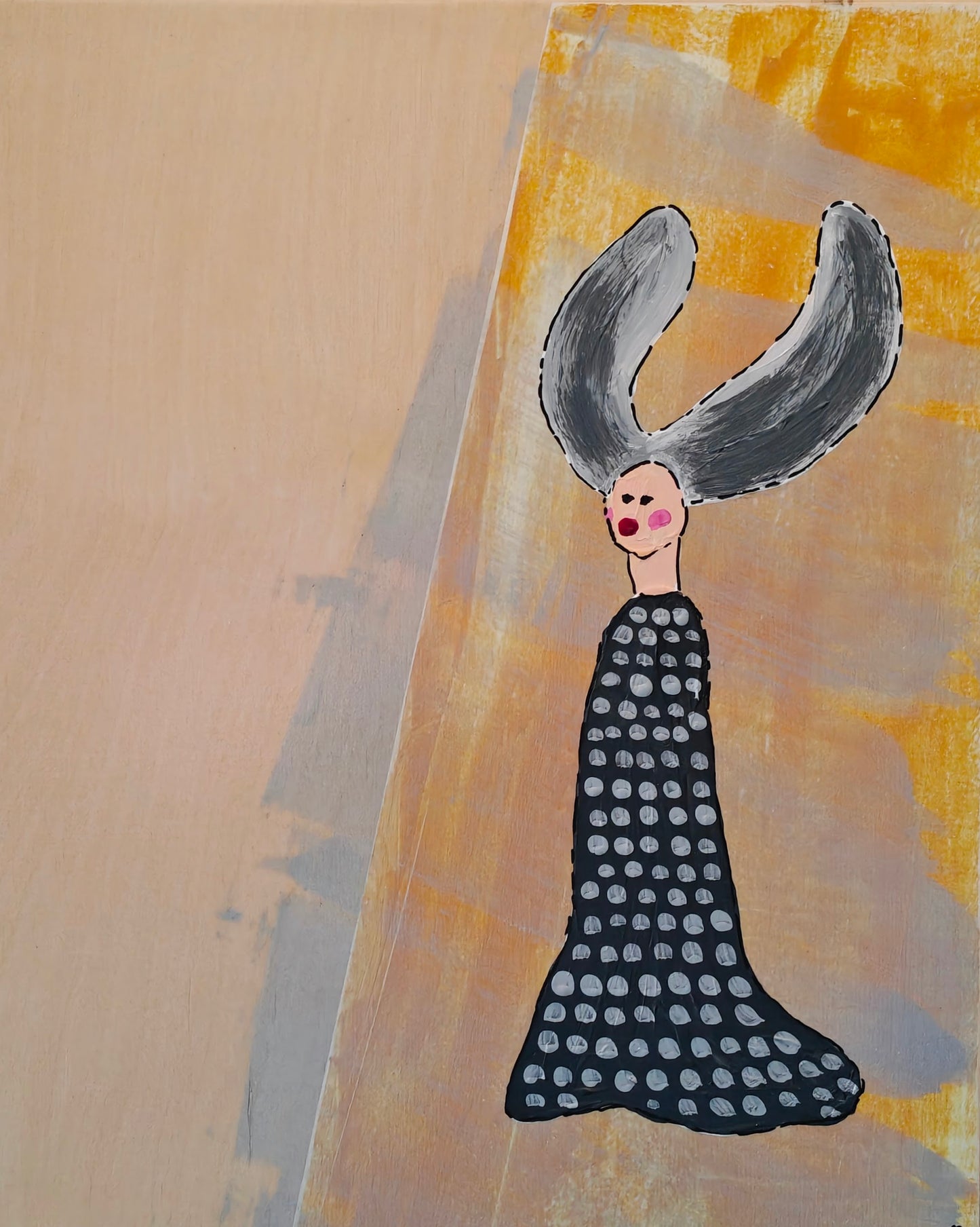 Pop art painting of a woman with large flyaway hair and a black dress with silver spots on. The background of the painting is silver and yellow.