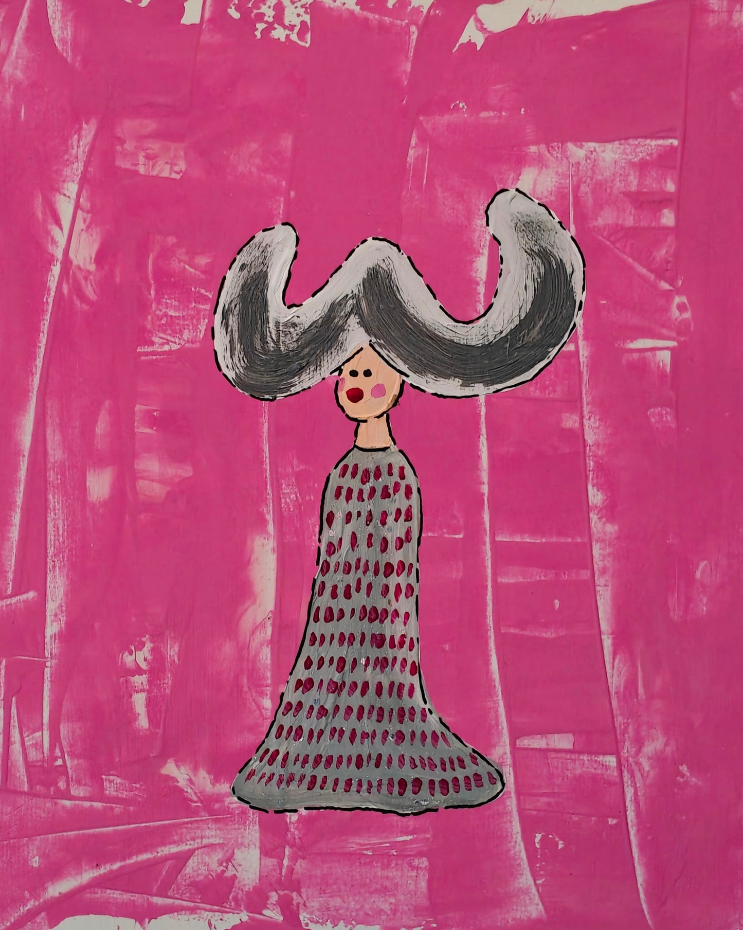Pop art painting of a woman with large flyaway hair and a silvery dress with red spots on. The background of the painting is bright pink.
