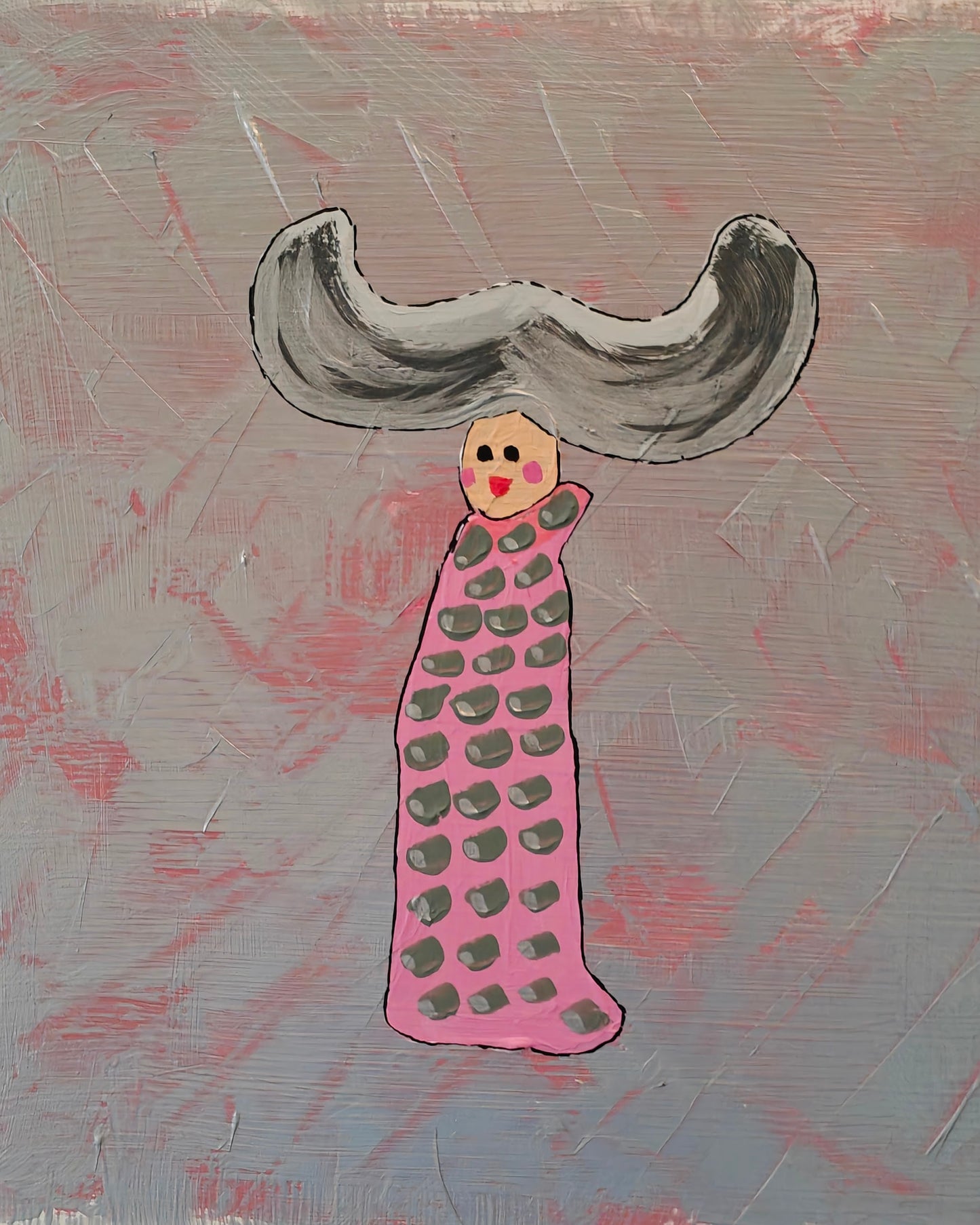 Pop art painting of a woman with large flyaway hair and a pink dress with silver spots on. The background of the painting is silver and pink.