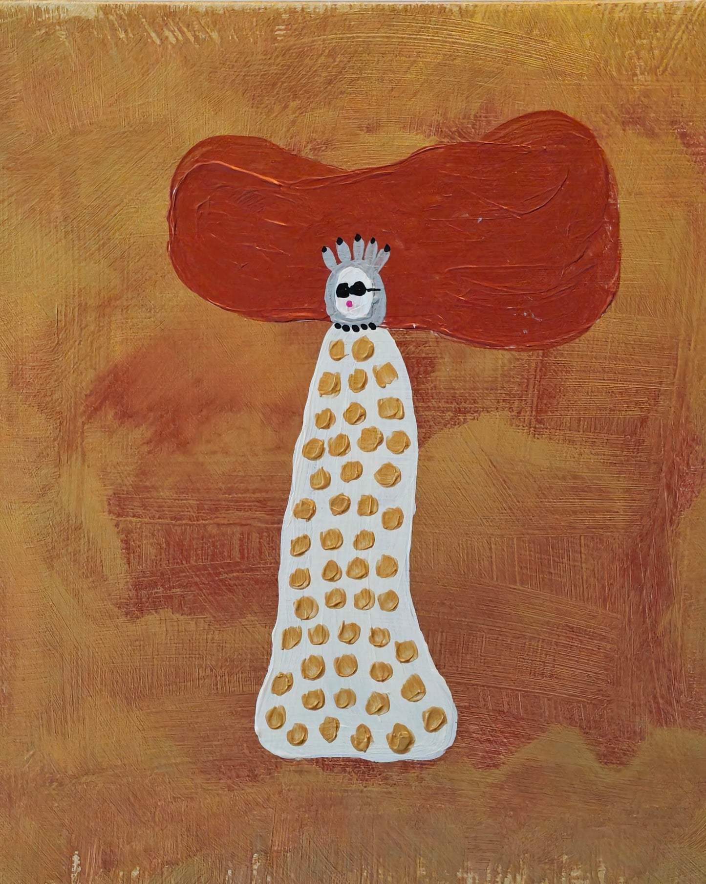 Pop art painting of a woman with large flyaway copper hair and a cream dress with gold spots on. The background of the painting is gold and copper. She's wearing sunglasses and a silver headdress or is it a tiara perhaps?