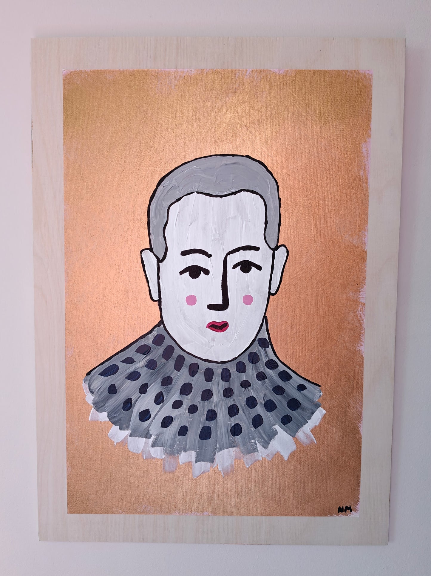 A whimsical plywood painting featuring a stylised portrait of a figure with short grey hair, a soft expression, and rosy cheeks. The figure wears a cosy turtleneck sweater with dark polka dots. The metallic copper background contrasts beautifully with the natural wood of the plywood base. Part of the Life in Colour collection.
