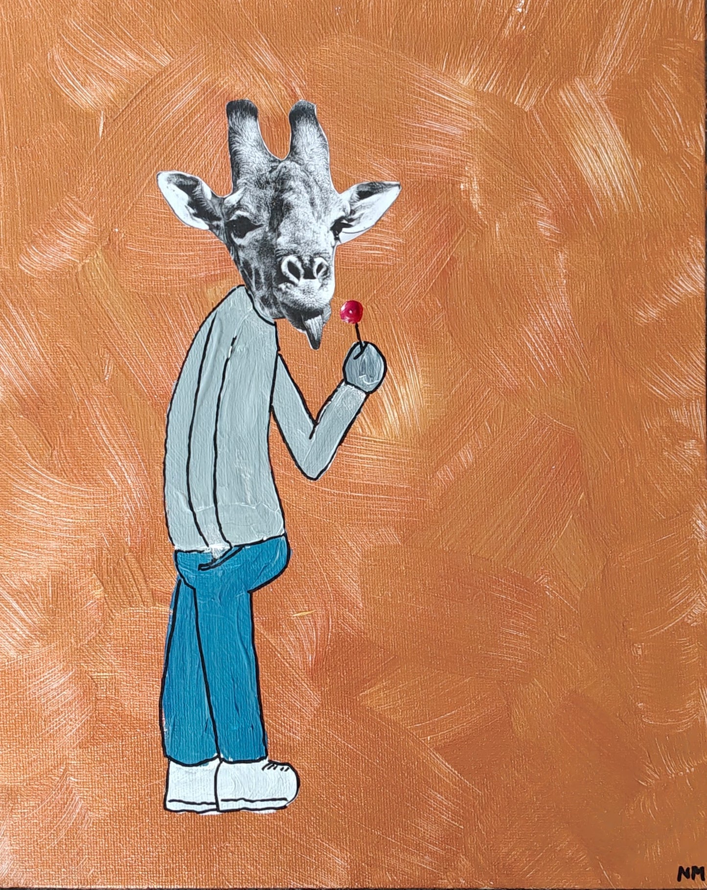 Playful mixed media painting of a giraffe dressed in a sweater, trousers and trainers. The giraffe is licking a red lollipop. The background is copper.