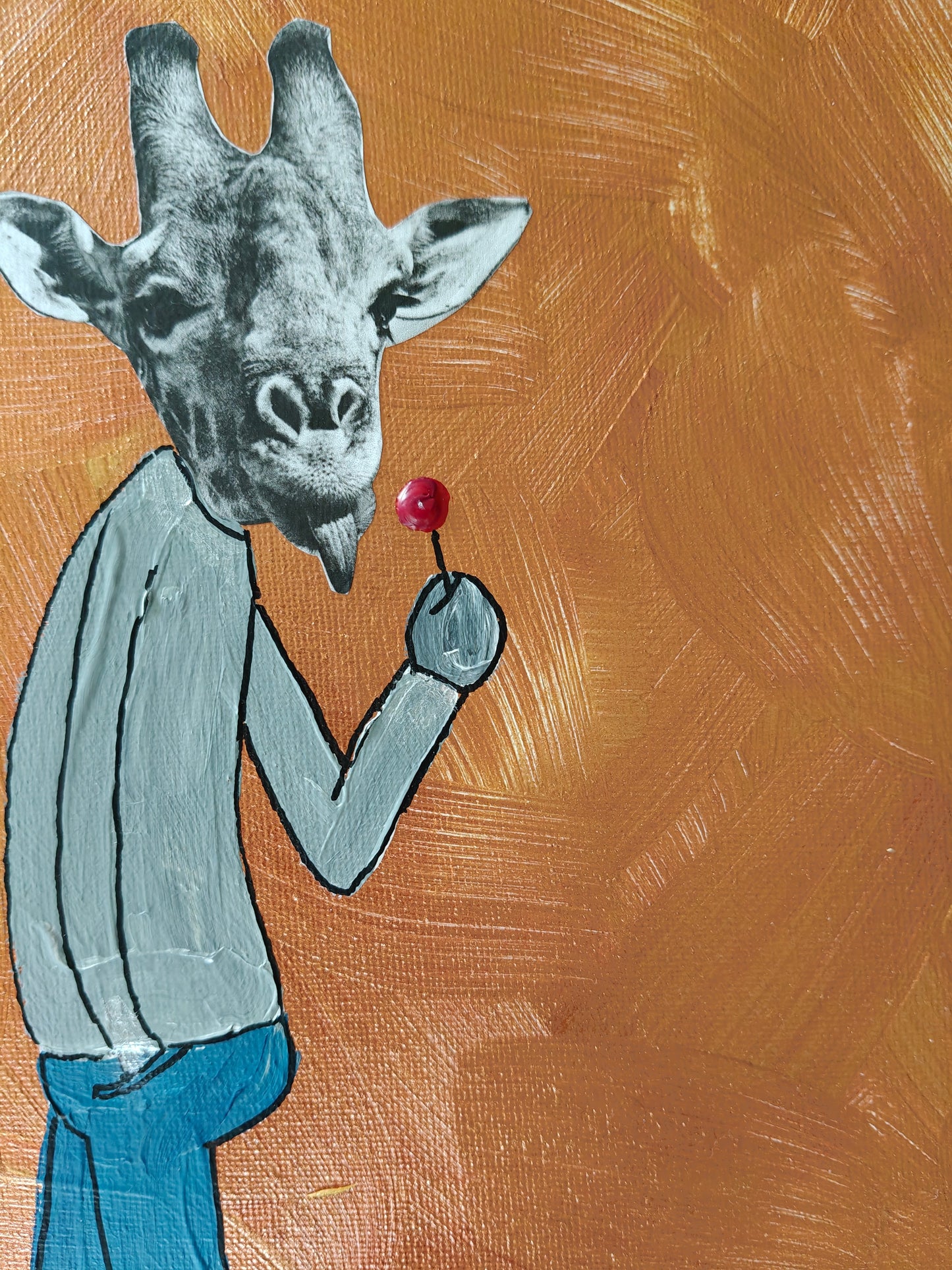 Close up of a Playful mixed media painting of a giraffe dressed in a sweater, trousers and trainers. The giraffe is licking a red lollipop. The background is copper.