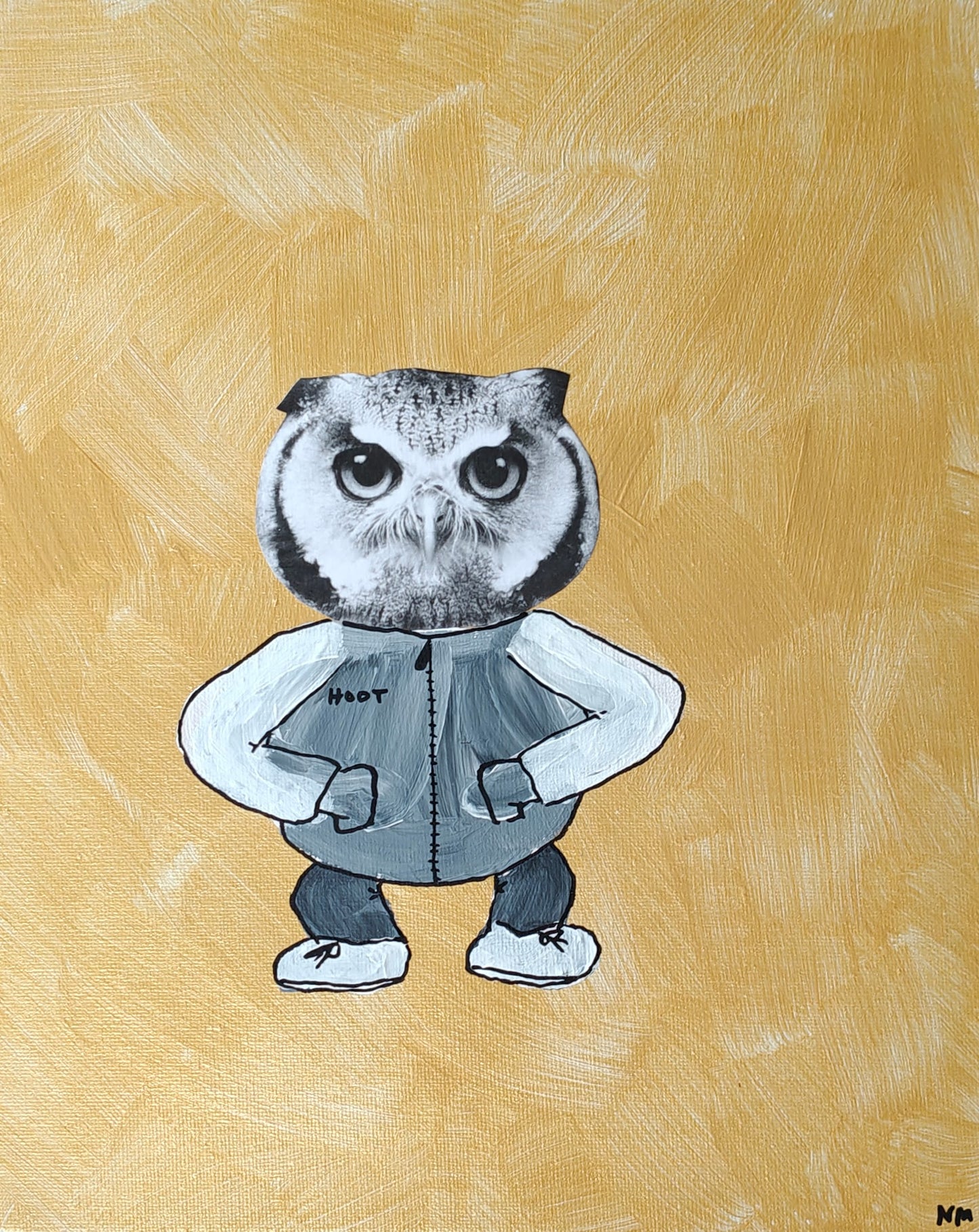 Playful mixed media painting of an owl dressed in a jacket, trousers and trainers. The jacket has the word "hoot" written on the chest. The background is golden.