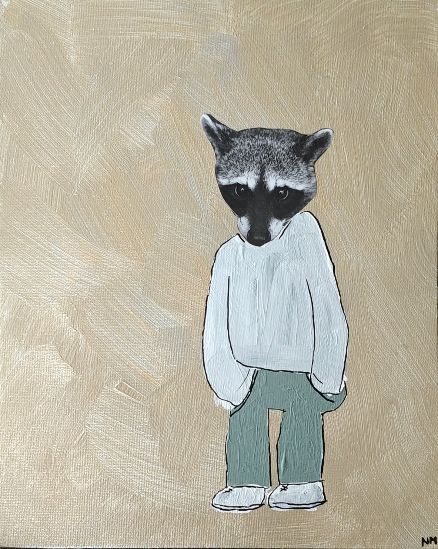 Playful mixed media painting of a raccoon dressed in a sweater, trousers and trainers. The background is silver and golden.