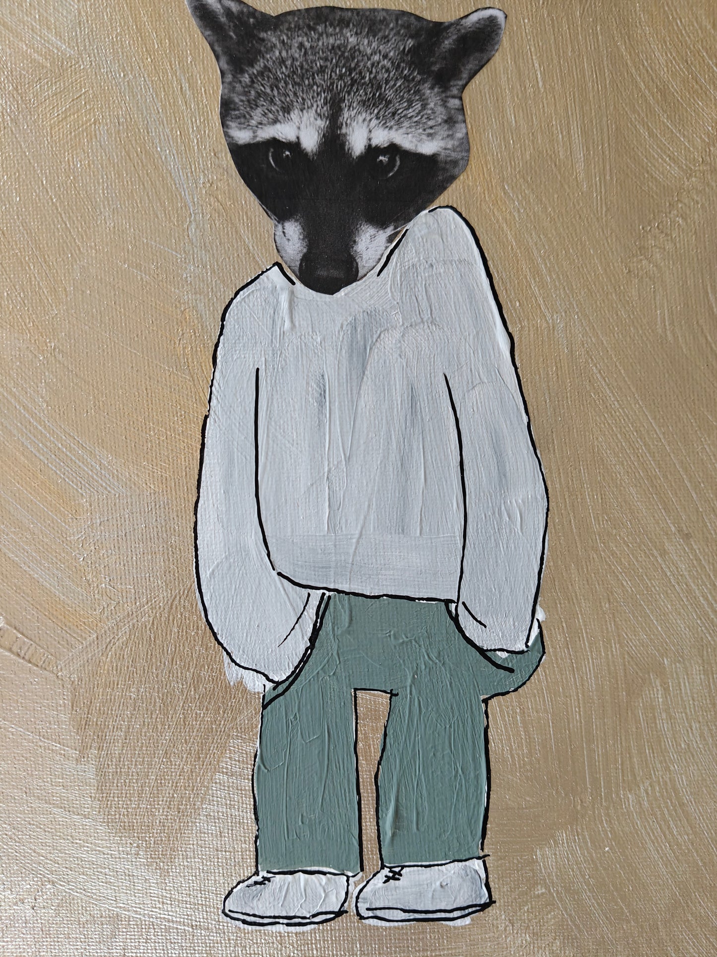 Close up of a Playful mixed media painting of a raccoon dressed in a sweater, trousers and trainers. The background is silver and golden.