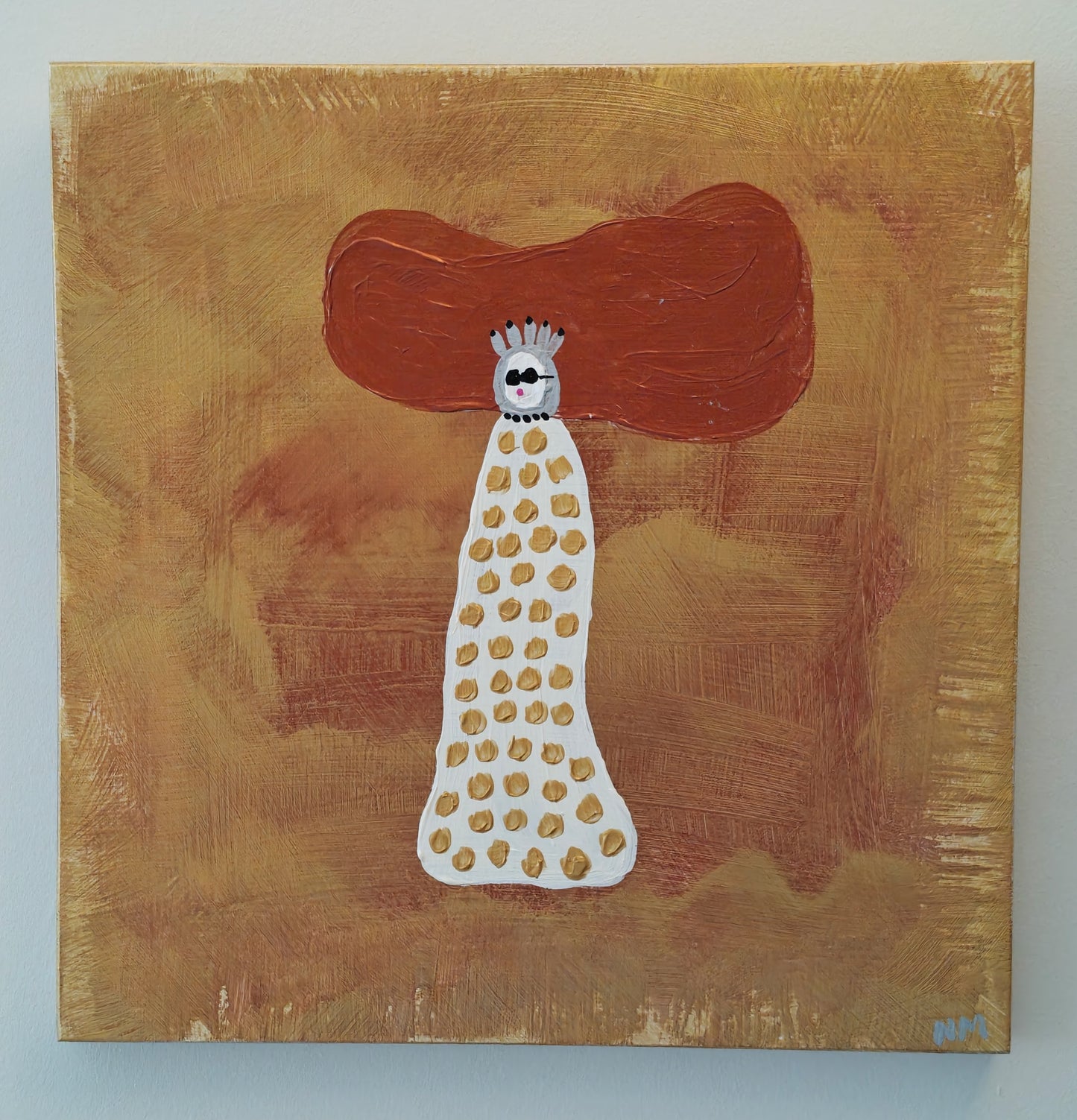 Pop art painting of a woman with large flyaway copper hair and a cream dress with gold spots on. The background of the painting is gold and copper. She's wearing sunglasses and a silver headdress or is it a tiara perhaps? The artwork has been painted on birch plywood and it's hung against a white wall.