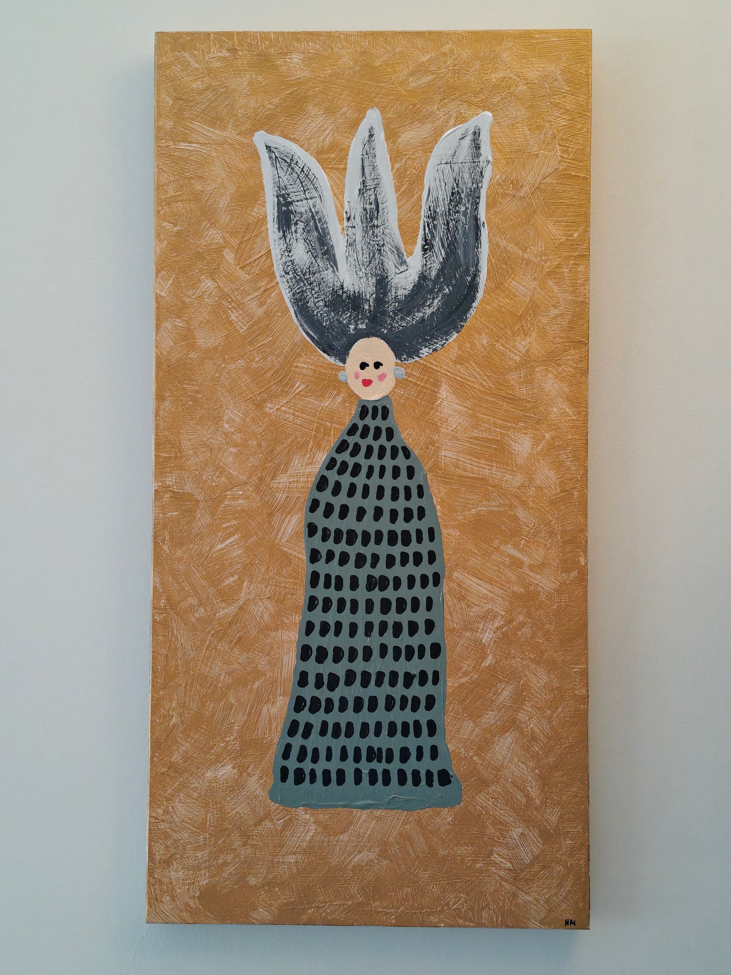 Whimsical acrylic painting of a woman with large grey and white hair that stands up. She is wearing a khaki green dress with black spots, and silver earrings. Gold background.