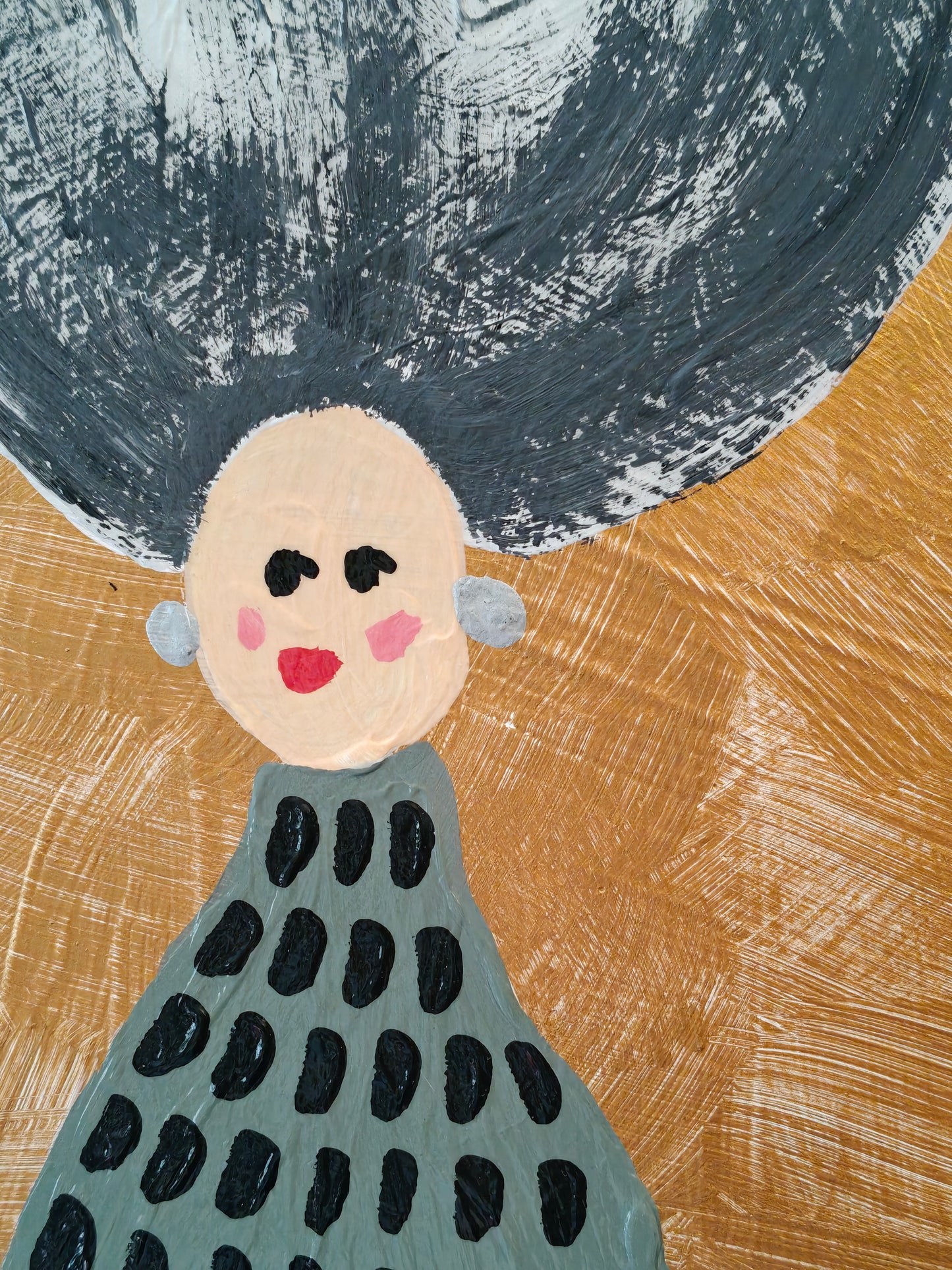 Close up of Whimsical acrylic painting of a woman with large grey and white hair that stands up. She is wearing a khaki green dress with black spots, and silver earrings. Gold background.