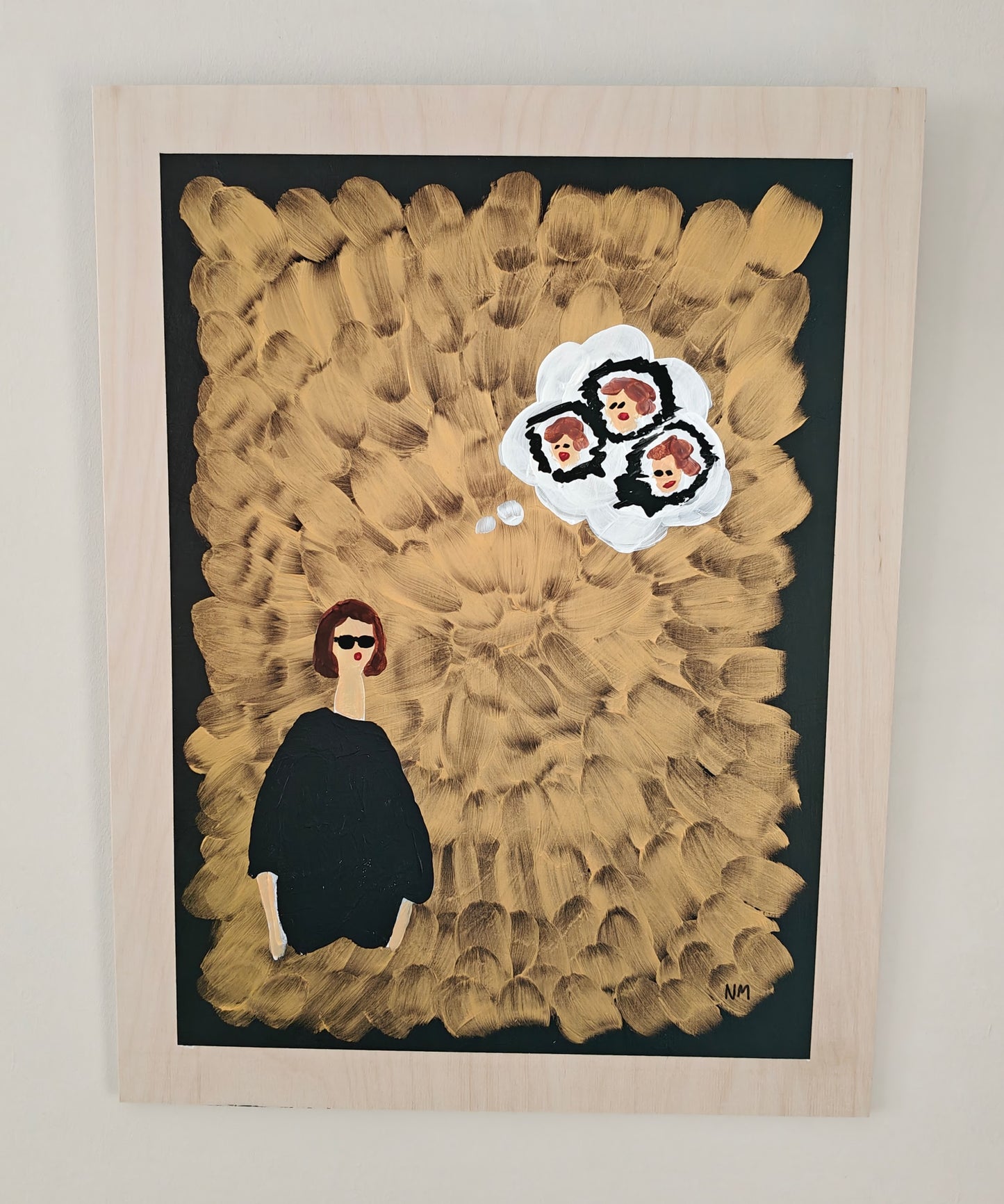 Acrylic painting of a woman dressed in black and wearing sunglasses, pictured against a background of gold and black. In the upper corner is a thought bubble with three talking heads. The painting is hung on a white wall.