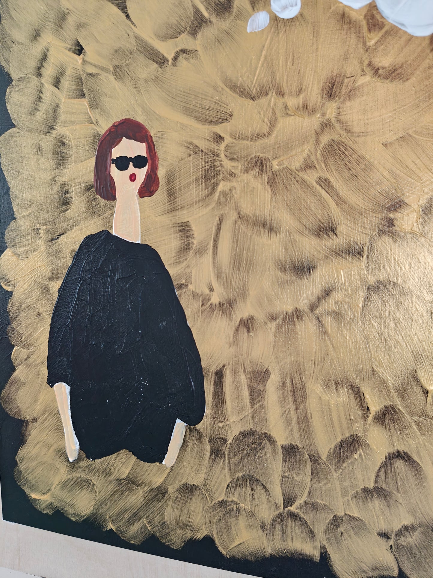 Close up of a Acrylic painting of a woman dressed in black and wearing sunglasses, pictured against a background of gold and black.