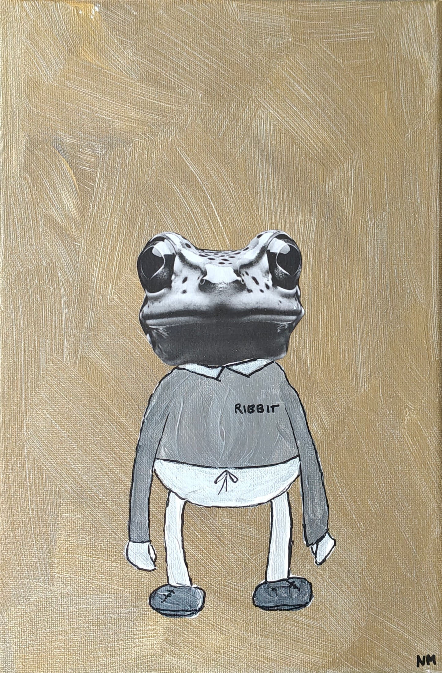 Playful mixed media painting of a frog dressed in a sweater, trousers and trainers, set against a background of gold. His sweater has the word ribbit written on the chest.