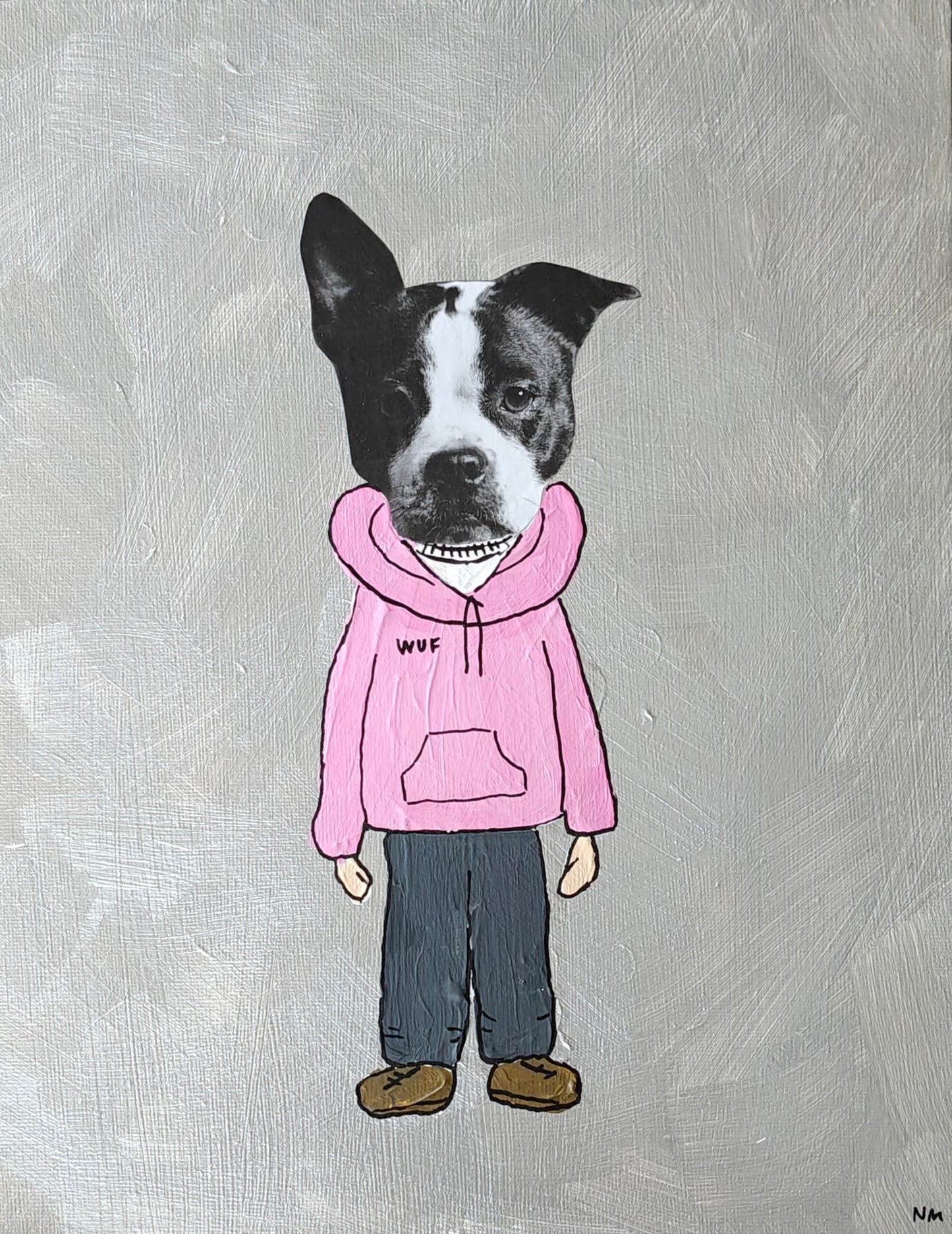 Playful mixed media painting of a dog dressed in a hoodie, trousers and trainers, set against a background of silver. His hoodie has the word wuf written on the chest.