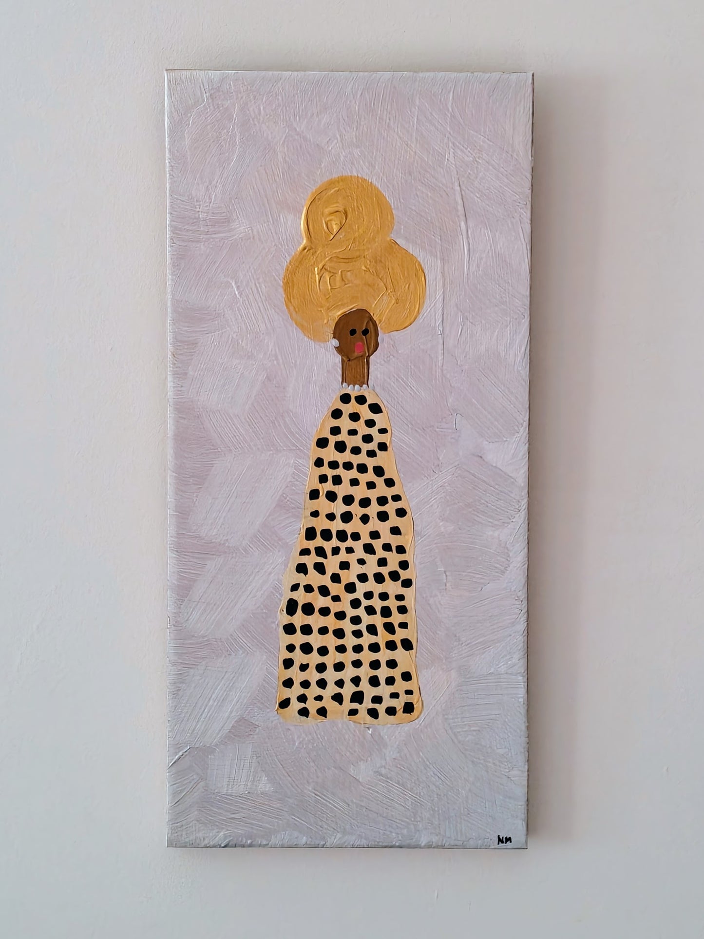 Abstract painting of a stylized woman with golden hair, a spotted dress, and a textured silver background, titled Goldilocks 2.0.