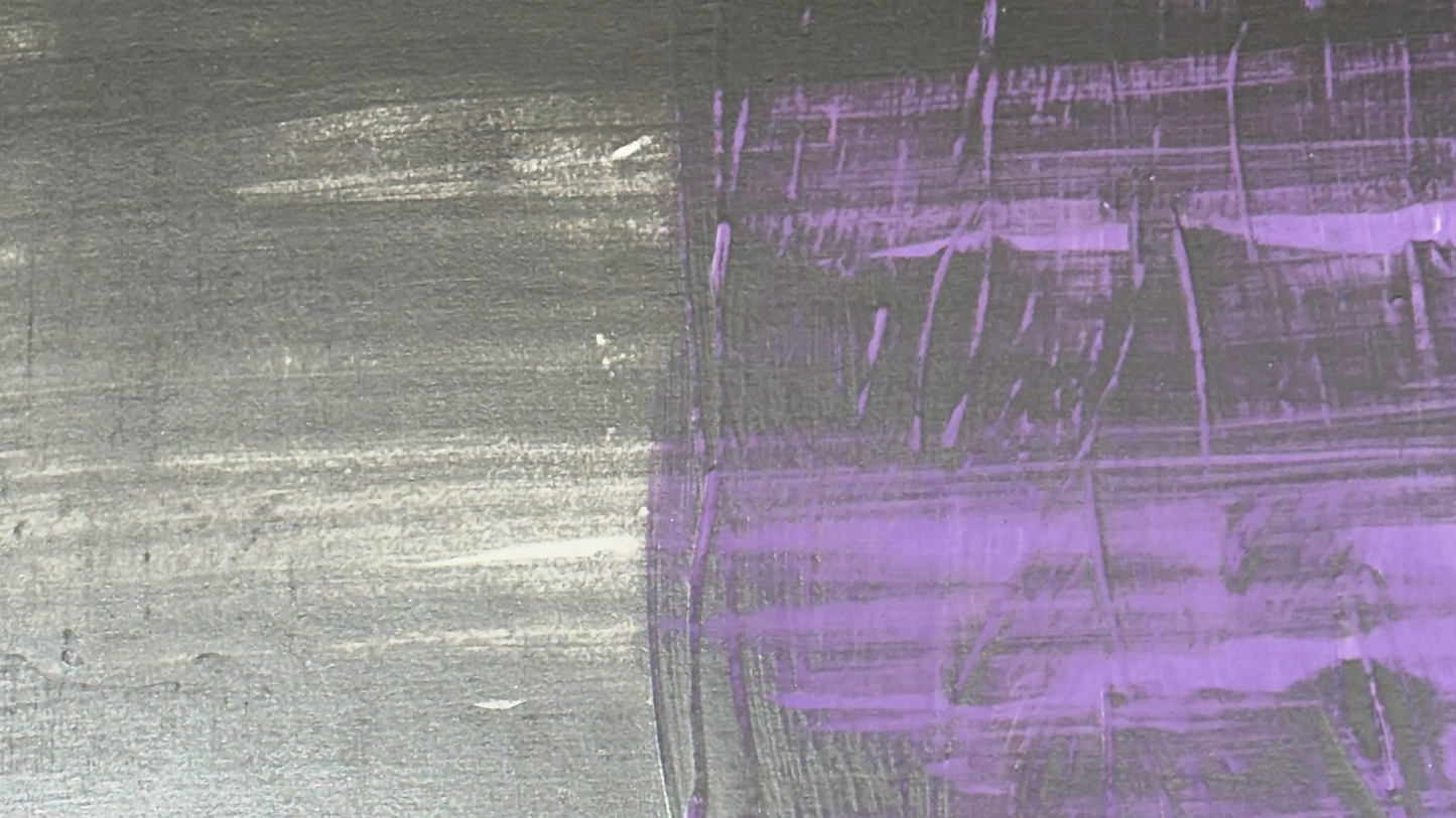 Plywood side table with hand-painted unique design in purple, white and silver. Top view