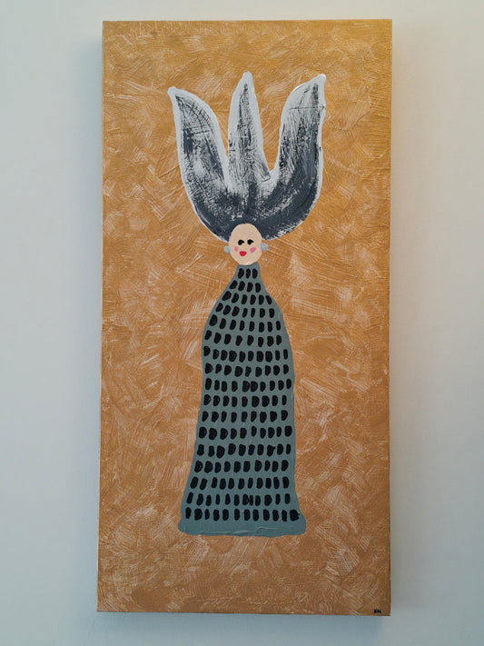 Whimsical acrylic painting of a woman with large grey and white hair that stands up. She is wearing a khaki green dress with black spots, and silver earrings. Gold background. 